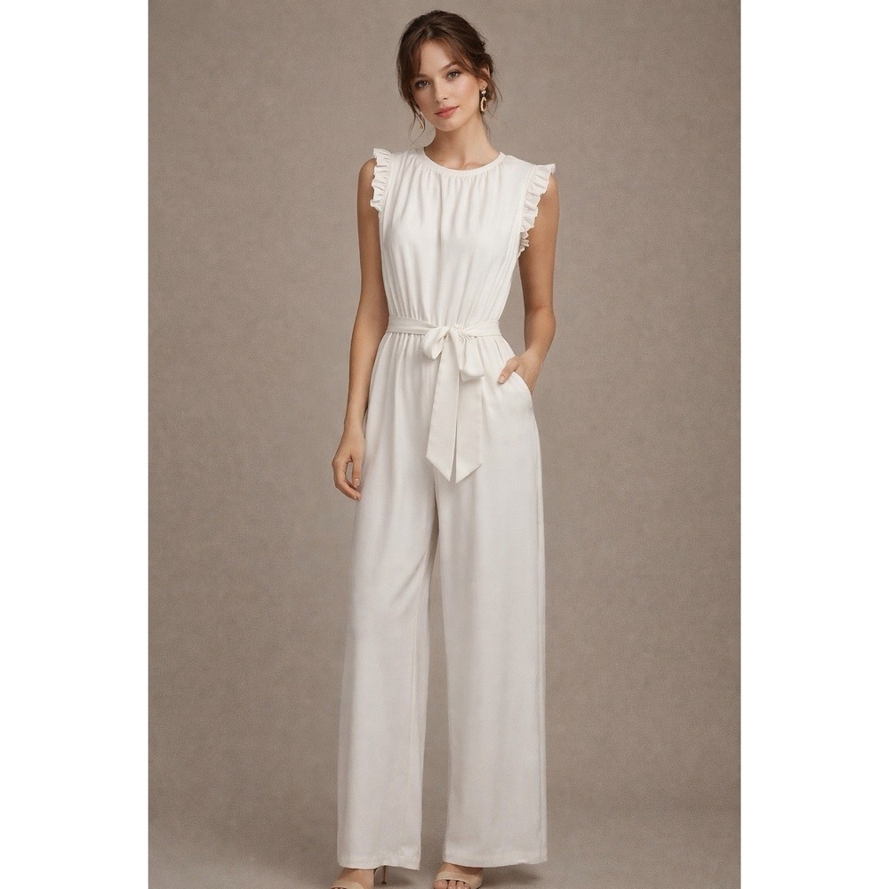 KIRUNDO Mock Neck Ruffle Wide Leg Jumpsuit Cream White Tie Waist Pockets Sz L